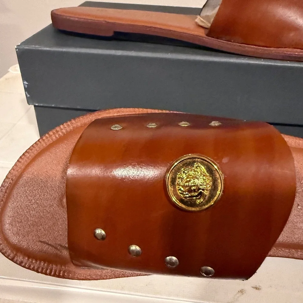 Gucci Slide Sandals Women 45 Brown‎ Excellent Studded Medusa Coin Leather Italy
